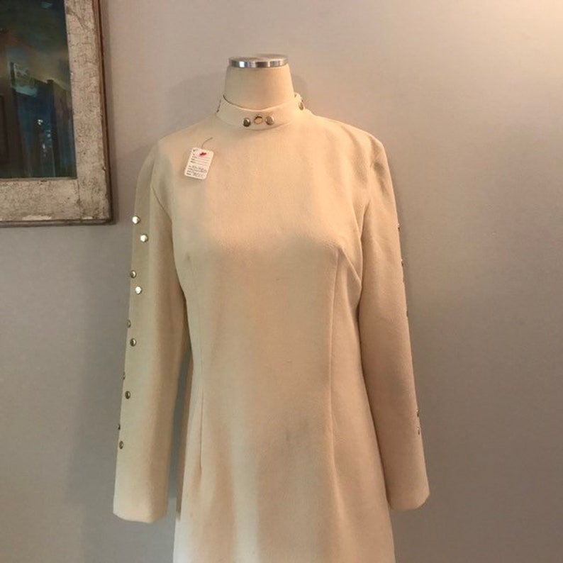 Mod Shift Dress 1960s Gold Studded Long Sleeves & Collar Off White Crepe Fall Autumn Winter White Go Go Mr Bob of California image 3