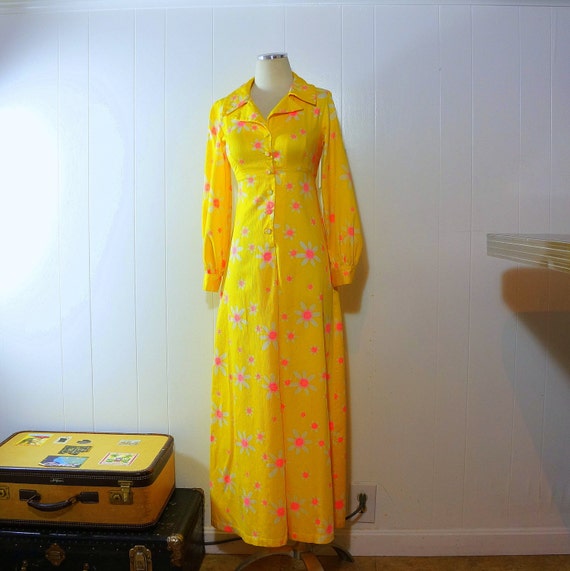 1960s Maxi Dress • Bright Yellow Floral • Neon Pin
