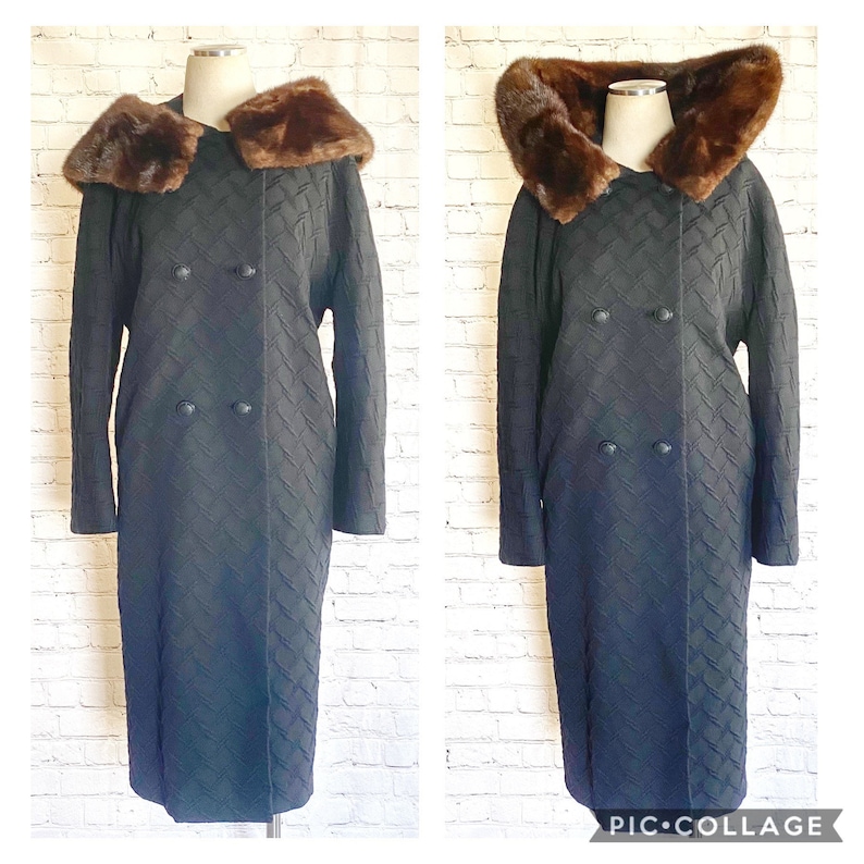 Winter Coat Brown Natural Mink HUGE Flip Up Collar 1960s Long Cocoon Coat Textured Print Black Wool Warm Overcoat L XL image 3