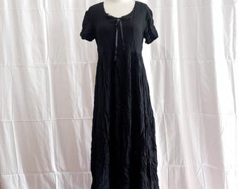 Vintage 1980s • Black Goth Prairie Dress • Crinkle Rayon Prairie Dress • X Small / Small  • California Dates • Made in USA