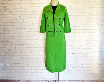 Mod Skirt Suit • 1960s • Bright Green / Navy Blue • Wool Knit Secretary • Bolero Jacket • Pencil Skirt • Italian Pavilion • Fall / Winter