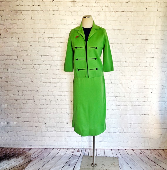 Mod Skirt Suit • 1960s • Bright Green / Navy Blue