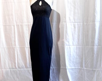 Vintage Y2K  • Acqua • Black & Gold Metallic Halter Maxi Dress • Keyhole  • Made in Brazil