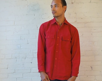 L. L. Bean • 1960s • Flannel Work Shirt Classic Scarlet Red • Distressed • Worn to Perfection • Mens MED 15 1/2 • Cursive Green Label • USA