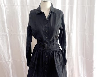 Vintage 1990s • 80s Revival • Gitano Shirtwaist Dress •  Black Twill  • Mini Dress • Belted Full Skirt