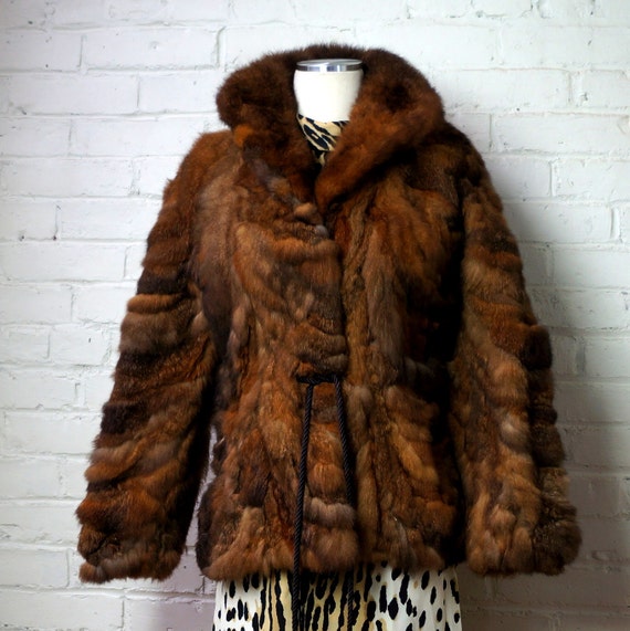 70s Possum fur leather vintage coat S / vintage 1970s brown fluffy