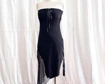 Deadstock Y2K • Black Mesh • Corset Club Dress • Industrial Goth • Asymmetrical Hem