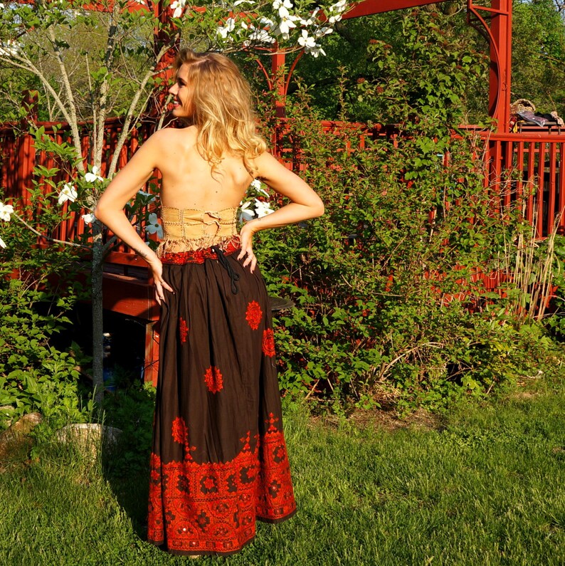 Vintage Indian Skirt Adini Bohemian Ethnic Maxi Skirt Lehenga Brown Cotton Red Embroidery Mirror Work Shisha Drawstring image 2