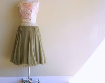 Sequin & Silk Chiffon • Vintage Cocktail Dress • 1960s • MED • Layered Full Skirt • Sage Green Pink Cream • Sleeveless • 60s • Party Dress