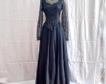 Vintage 2000 Y2K Evening Gown • Black Lace Chiffon • Basque Waist • Gothic Formal Dress