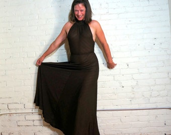 1970s Maxi Cocktail Dress • Sheer Sexy Halter Dress • Earthy Brown • SMALL • Backless Sleeveless • Disco Diva Goddess Formal • Simon Jeffery