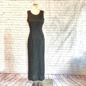 Beaded Sheath Dress 1980s Sheer Black Glass Beads on Silk New Years Eve NYE Formal Gown Special Occassion Heavily Beaded Trim image 2