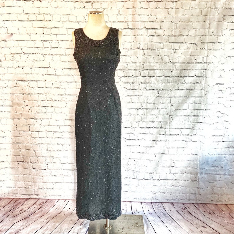 Beaded Sheath Dress 1980s Sheer Black Glass Beads on Silk New Years Eve NYE Formal Gown Special Occassion Heavily Beaded Trim image 2