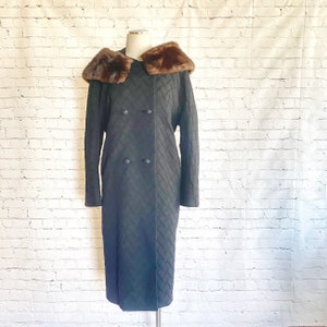 Winter Coat Brown Natural Mink HUGE Flip Up Collar 1960s Long Cocoon Coat Textured Print Black Wool Warm Overcoat L XL image 1