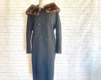 Winter Coat • Brown Natural Mink • HUGE Flip Up Collar • 1960s • Long Cocoon Coat • Textured Print • Black Wool • Warm Overcoat • L - XL