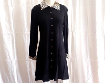 Vintage 1990s • Black Knit Dress • Faux Leopard Print  Fur Trim Cuff & Collar • Ronnie Nicole by Ouida • Petite Medium • Made in USA