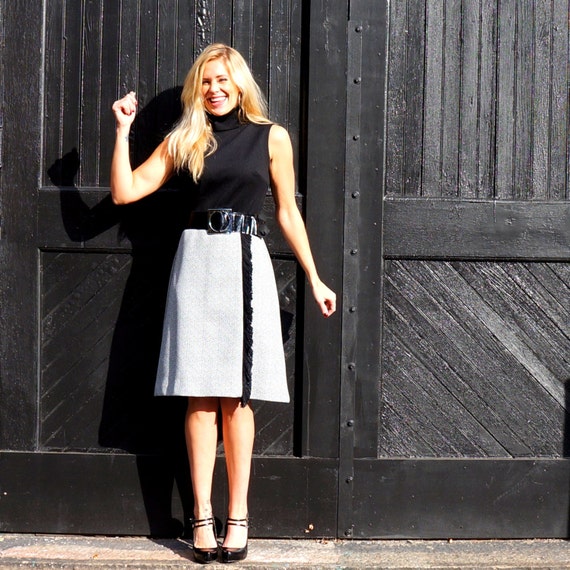 Tweed Dress 1960s Retro Secretary Black & White Ch