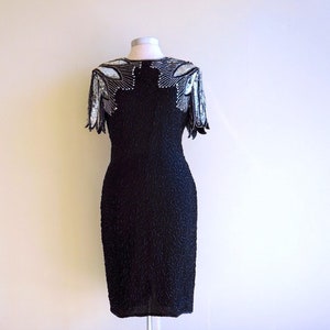 Black Cocktail Dress MEDIUM Beaded Sequined Formal Dress Silver Gold Bead & Sequin 1980s Vintage Party Dress Keyhole Back MotB Stenay Silk