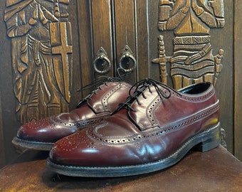 Wingtip Brogues • 1970s • Longwing Bluchers • 10E Mens • Wide • Burgundy  Leather • Welted Soles • Full Brogue • Wing Tips • Florsheim Shoes