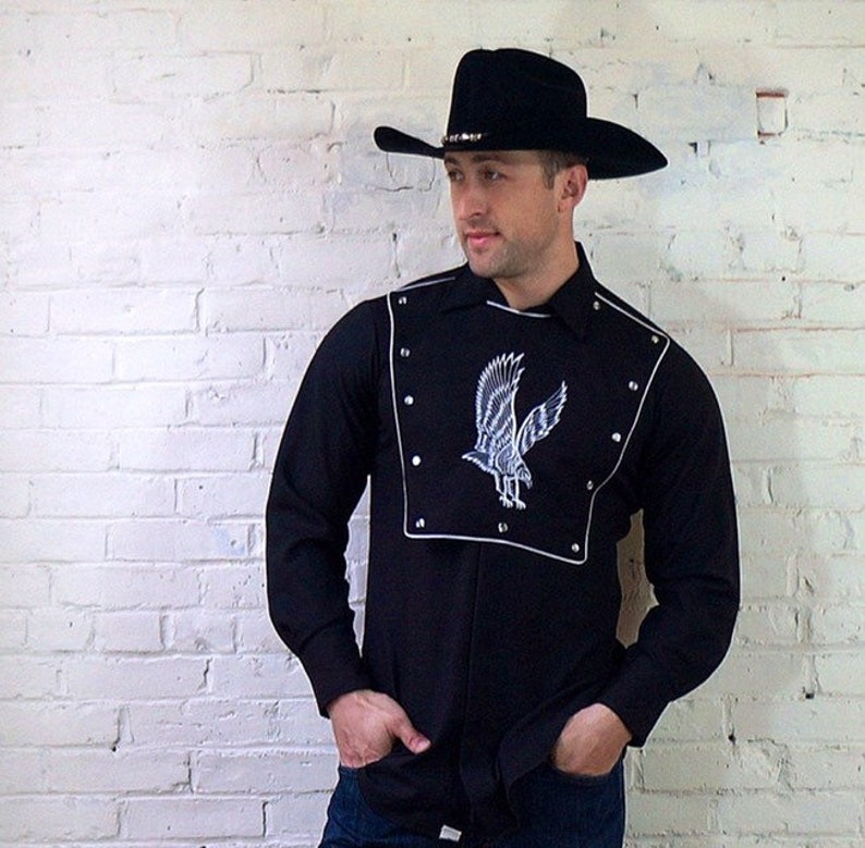 Black Cowboy Shirt Western Bib Shield Front Embroidered Etsy