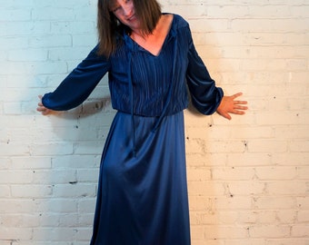 Vintage 70s Blue Liquid Satin Disco Dress • Pleated Bodice, Long Sleeve