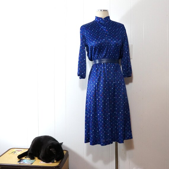 Blue Calico Dress • 1970s • Secretary • SMALL • R… - image 1