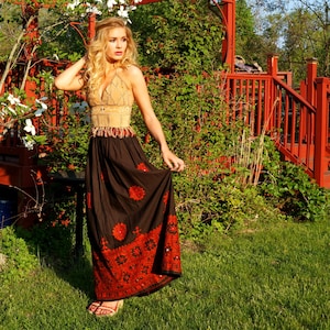 Vintage Indian Skirt • Adini • Bohemian Ethnic Maxi Skirt | Lehenga • Brown Cotton • Red Embroidery • Mirror Work • Shisha Drawstring