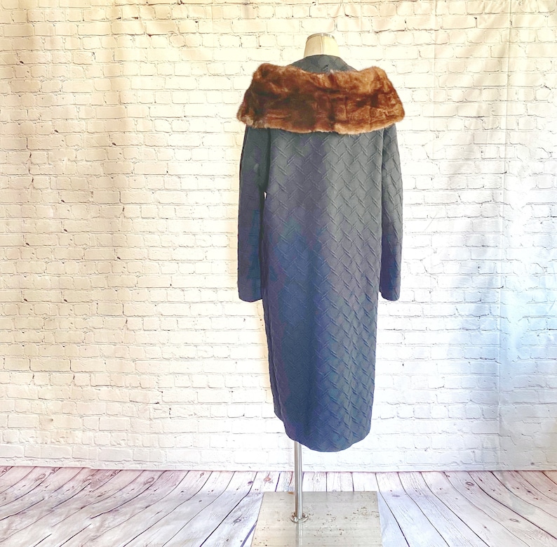 Winter Coat Brown Natural Mink HUGE Flip Up Collar 1960s Long Cocoon Coat Textured Print Black Wool Warm Overcoat L XL image 5