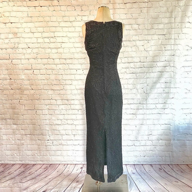 Beaded Sheath Dress 1980s Sheer Black Glass Beads on Silk New Years Eve NYE Formal Gown Special Occassion Heavily Beaded Trim image 5