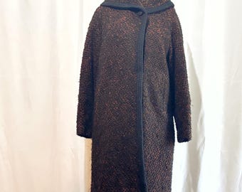 Vintage 1960s  Bouclé Wool Coat •  Funnel Collar • Black Braided Trim • Black & Copper • Heavy Winter Coat • Medium