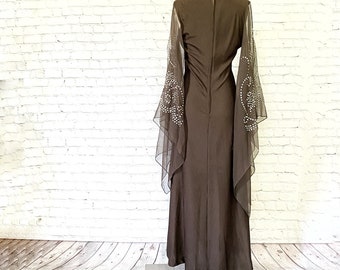 Angel Wing • Maxi Dress • 1970s • Formal • Chiffon Butterfly Sleeves • Fairy Princess • Romantic Gown • Brown • Silver Glitter • Boho