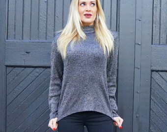 Metallic Jumper • 1950s • Sweater Girl • Black Sparkle • Knit Pullover • Silver Glitter Top • Long Sleeve • Turtleneck Shirt • DonnKenny