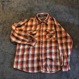 1970s Plaid Flannel Shirt Mens XL Warm Rugged Work Shirt Hunting Camping Outdoorsman Country Touch Brown Orange Tan Taiwan R.O.C image 1