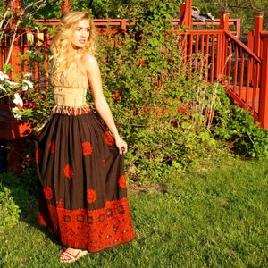 Vintage Indian Skirt Adini Bohemian Ethnic Maxi Skirt Lehenga Brown Cotton Red Embroidery Mirror Work Shisha Drawstring image 5