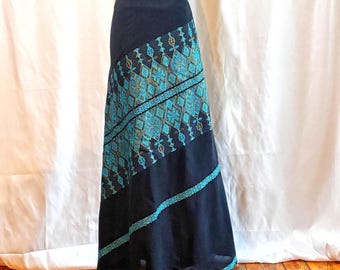 1970s Greek Wrap Maxi Skirt • BETYK • Greece • Black Cotton Gauze • Hippie Skirt • Teal Gold Hellenic Folk • Festival Resort Skirt • OSFA