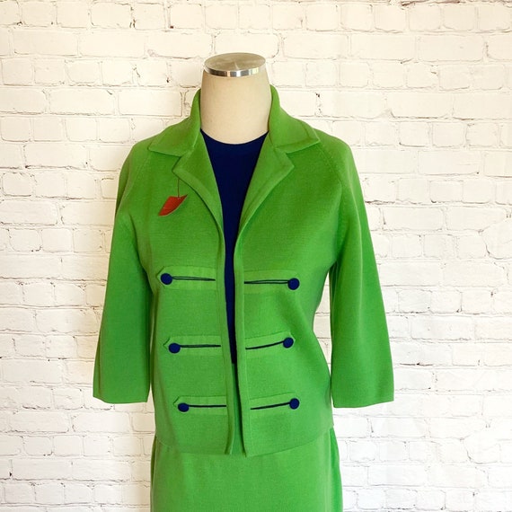 Mod Skirt Suit • 1960s • Bright Green / Navy Blue
