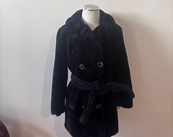 Vintage 1980s Black Faux Fur Coat • Teddy Bear Jacket • Double Breasted • Winter Coat • XS/S