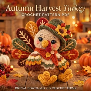 Puede incluir: Un pavo amigurumi de ganchillo con un sombrero verde con un girasol, una bufanda roja con un botón de hoja y plumas de cola coloridas en tonos marrón, naranja y verde. El texto dice Autumn Harvest Turkey CROCHET PATTERN PDF.