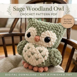 May include: A sage green and cream crochet owl plush toy with large black eyes and a small peach-coloured beak. The text Sage Woodland Owl CROCHET PATTERN PDF and 30-PAGE DIGITAL PATTERN is visible on the image. This is a digital download.