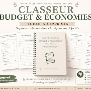 Peut inclure: Un classeur de budget et d'économies imprimable de 24 pages avec une couverture à spirales portant le texte "MON CLASSEUR BUDGET & ÉCONOMIES" et des feuilles de suivi internes pour les dépenses, charges fixes et objectifs d'épargne.