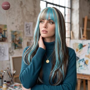 May include: A long, layered wig featuring dark brown hair with prominent bright turquoise and light blonde highlights, styled with straight-cut bangs. The hair falls past the shoulders in a smooth, straight texture, framing the face with vibrant color.