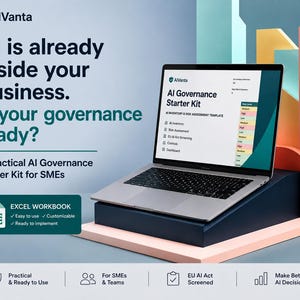 Op de afbeelding: Een laptop toont een Excel-werkmap voor een AI Governance Starter Kit op het scherm. De tekst luidt AI is already inside your business. Is your governance ready? A practical AI Governance Starter Kit for SMEs. De laptop staat op een donkerblauwe standaard.