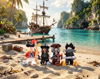 May include: Four plastic pirate minifigures stand on a sandy beach. One wears a red coat, one has a black hat with a yellow feather, one has a brown hat and long hair, and one has a black beard. A large wooden pirate ship is docked at a pier.