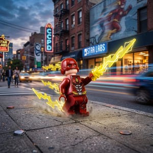 May include: A red plastic minifigure wearing a helmet and a suit with a lightning bolt emblem on the chest. The figure holds a translucent yellow lightning bolt accessory in one hand, with additional yellow lightning effects surrounding its feet.