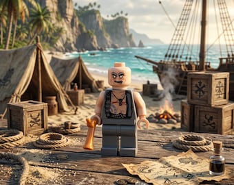 May include: A plastic minifigure with a bald head, a printed face with a scar, and a grey torso featuring a black vest and necklace print. The figure has grey legs and holds a small orange accessory, standing on a wooden surface with a map.