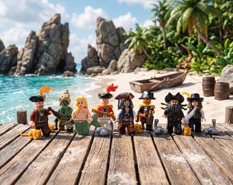 May include: A collection of eight pirate-themed minifigures standing on a wooden dock. The figures include a mermaid, a sea creature, and various pirates with hats, swords, and muskets. The background features a sandy beach, palm trees, and rocks.
