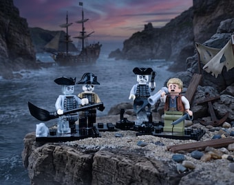 May include: Four pirate-themed LEGO minifigures stand on a rocky cliffside. Three figures have pale, ghost-like features and dark clothing, while one figure has blonde hair, a brown vest, and holds a telescope and a curved sword near a ship.