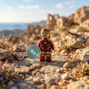 Könnte beinhalten: Eine rot-goldene Iron Man-Minifigur, die neben einem kreisförmigen, hellblauen Arc-Reaktor-Zubehör steht. Das Zubehör zeigt den aufgedruckten Text PROOF THAT TONY STARK HAS A HEART in schwarzer Schrift am äußeren Rand.