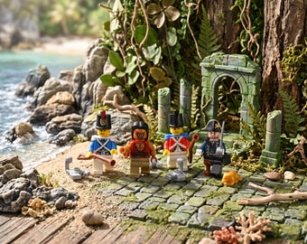May include: Four plastic minifigures standing on a stone path near a stone archway. One figure wears a blue uniform with a tall hat, one has a bare chest and dark hair, one wears a red uniform with a tall hat, and one is a pirate with a hat and sword.