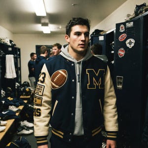 Op de afbeelding: Een marineblauw en crèmekleurig varsity-jack met een grote letter M op de linkerborst, een football-patch op de rechterborst en diverse sportieve patches op de rechtermouw, gedragen over een grijze hoodie in een kleedkameromgeving.